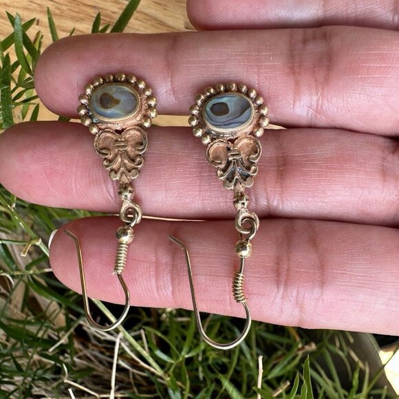 Vintage Abalone Shell Earrings Hook Dangle Ornate Gold Tone Fashion Jewelry 1.5" - Picture 6 of 6